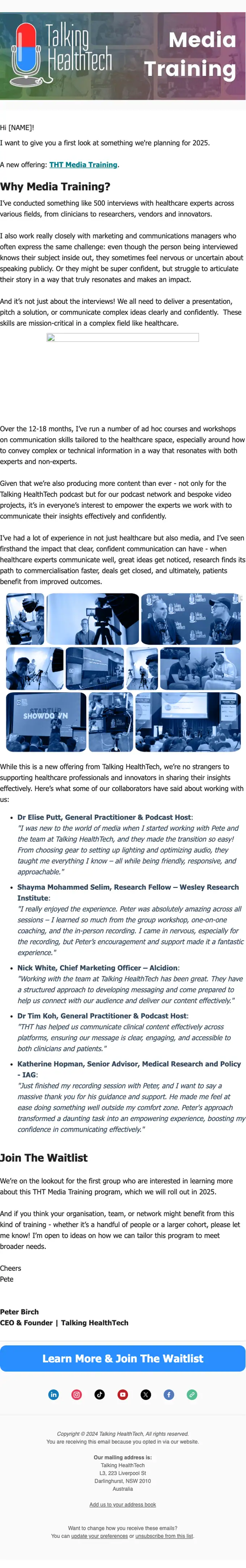 Talking HealthTech promotional email, full length