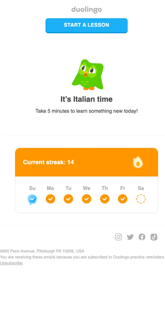 Duolingo re engagement email, full length