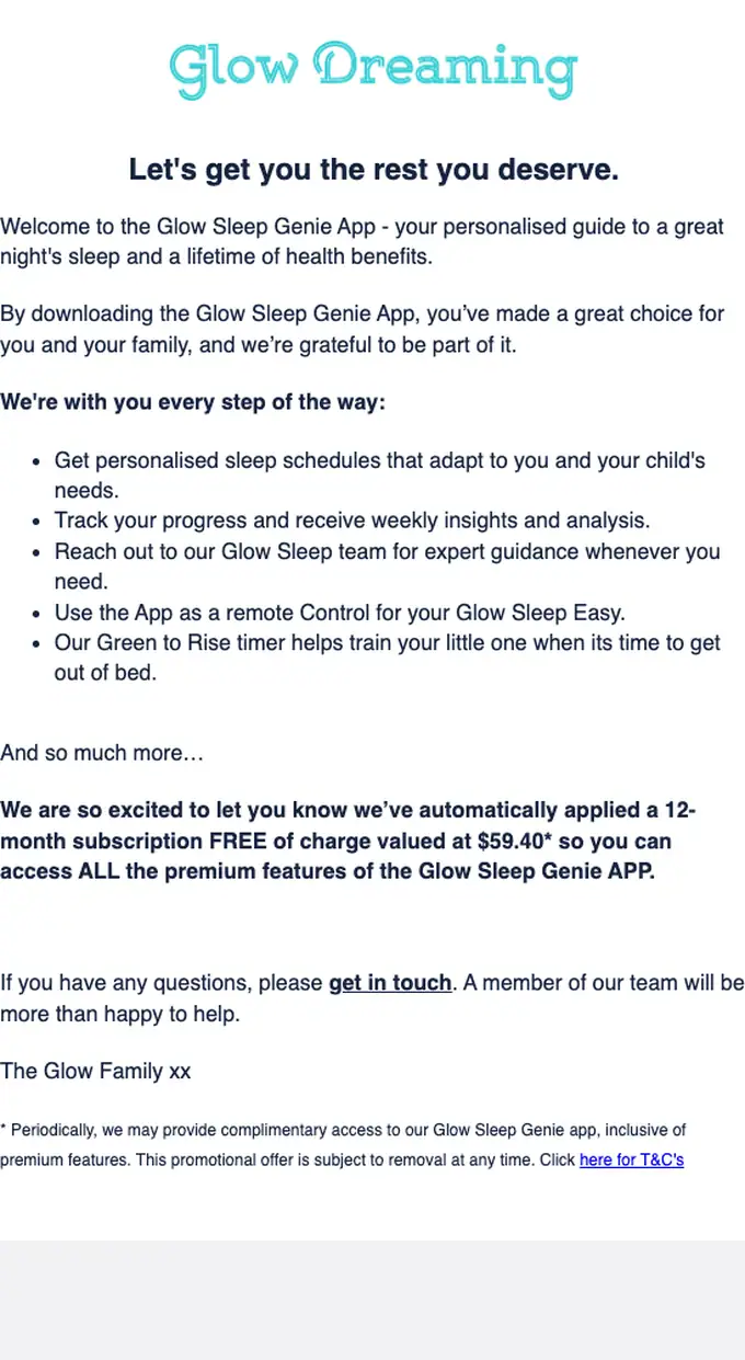 Glow Dreaming welcome email, full length