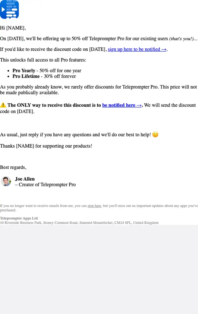 Teleprompter Apps promotional email, full length