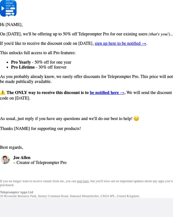 Teleprompter Apps promotional email