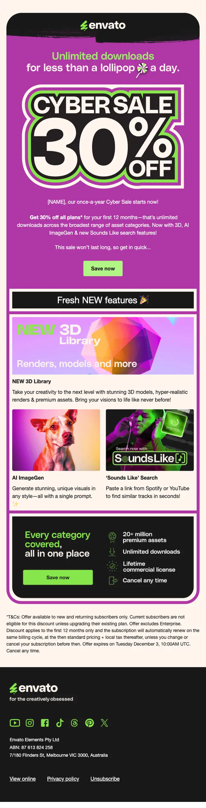 Envato discount offer email, full length