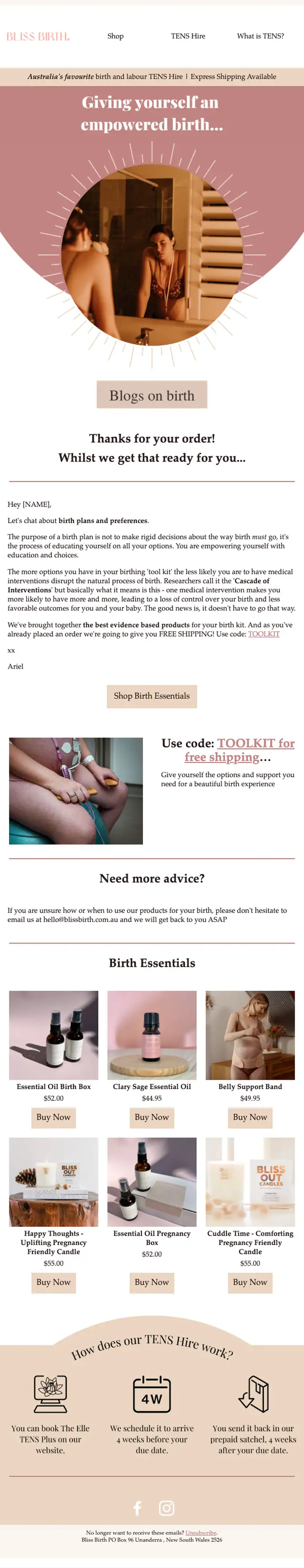Bliss Birth thank you email, full length