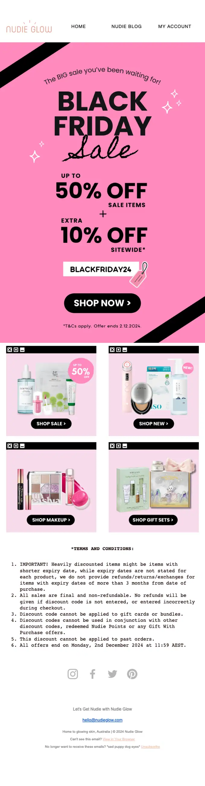 Nudie Glow sale email, full length