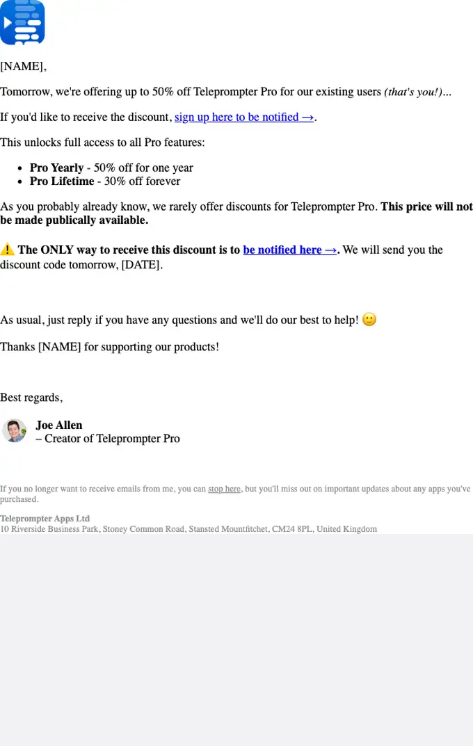 Teleprompter Apps discount offer email, full length