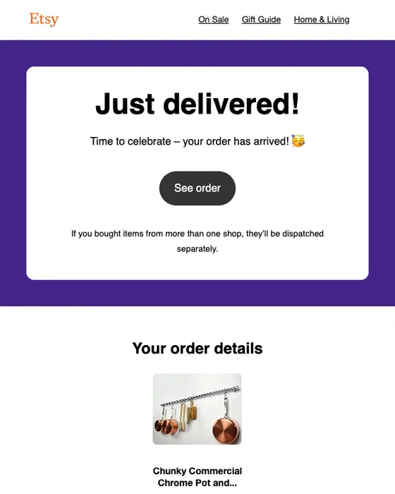 Etsy delivery email