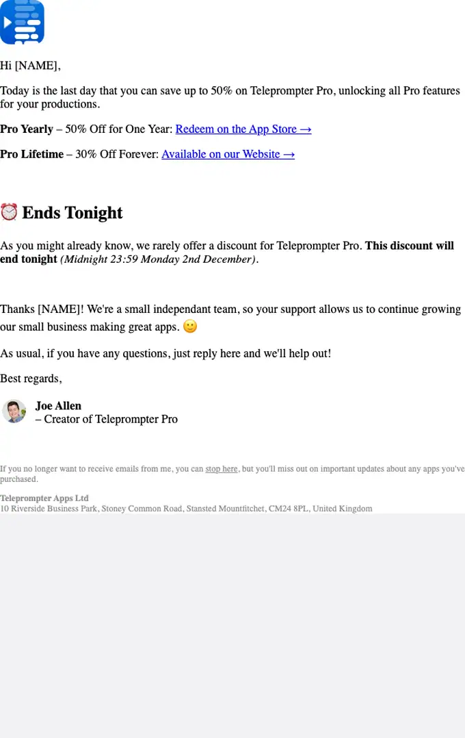 Teleprompter Apps discount offer email, full length