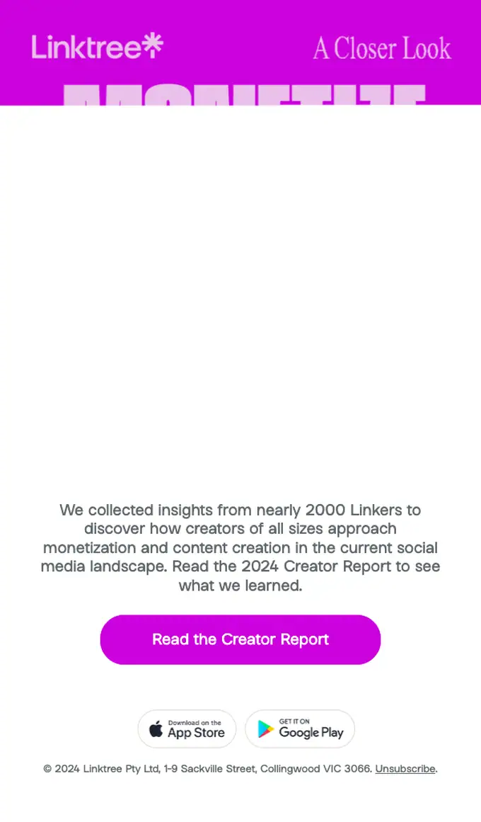 Linktree newsletter email, full length