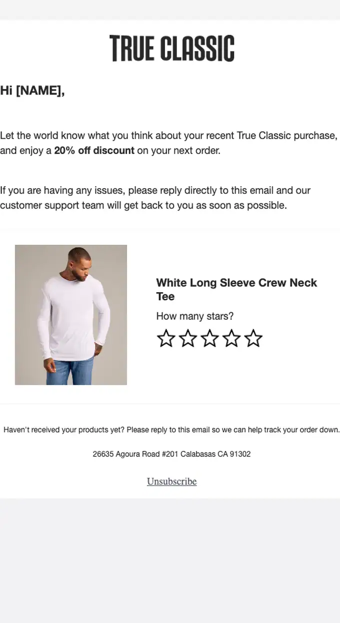 True Classic survey email, full length