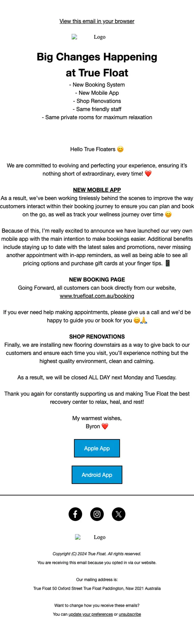 True Float account notice email, full length
