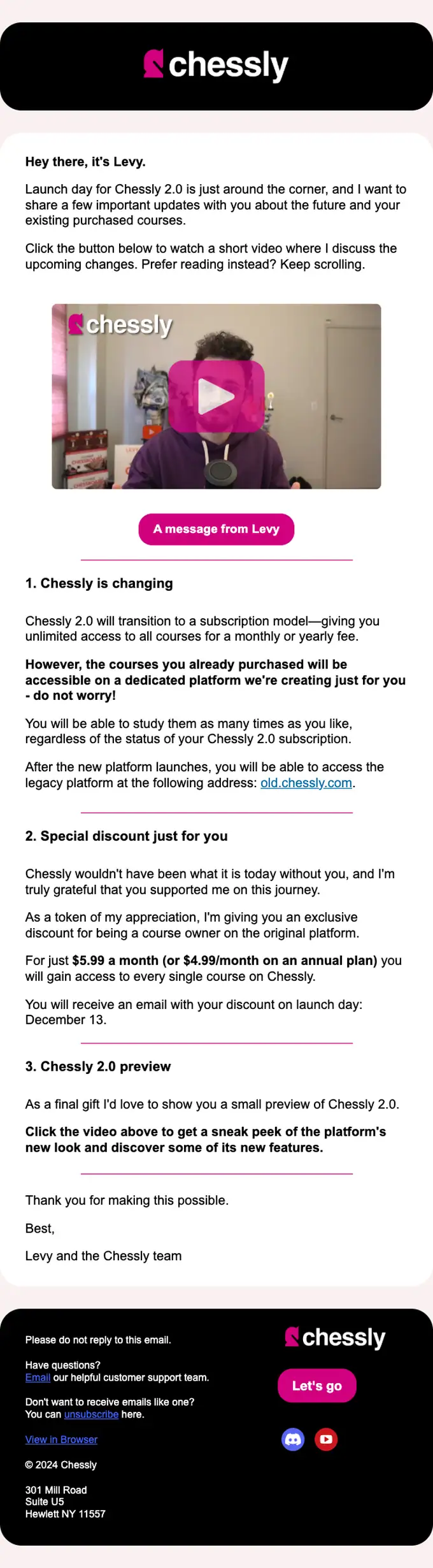 Chessly account notice email, full length