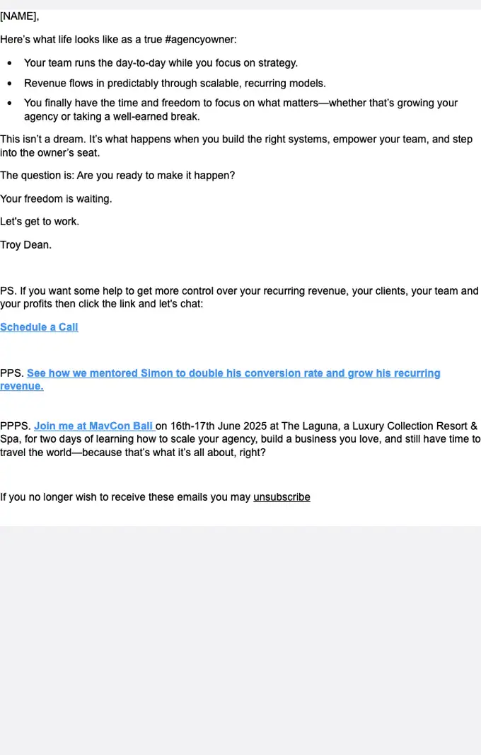 Agency Mavericks promotional email, full length