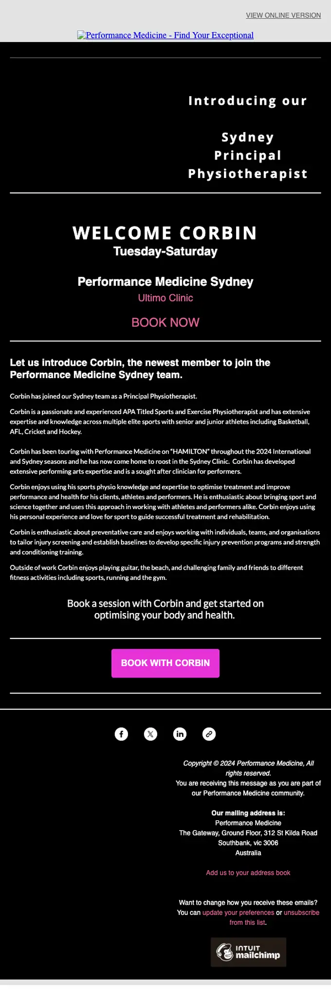Performance Medicine Sydney welcome email, full length