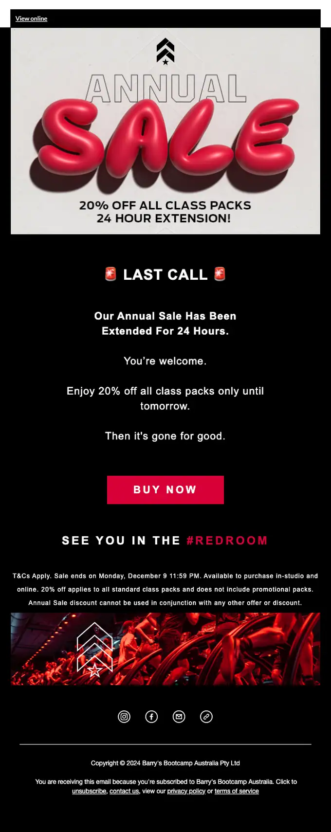 Barry's Bootcamp sale email, full length