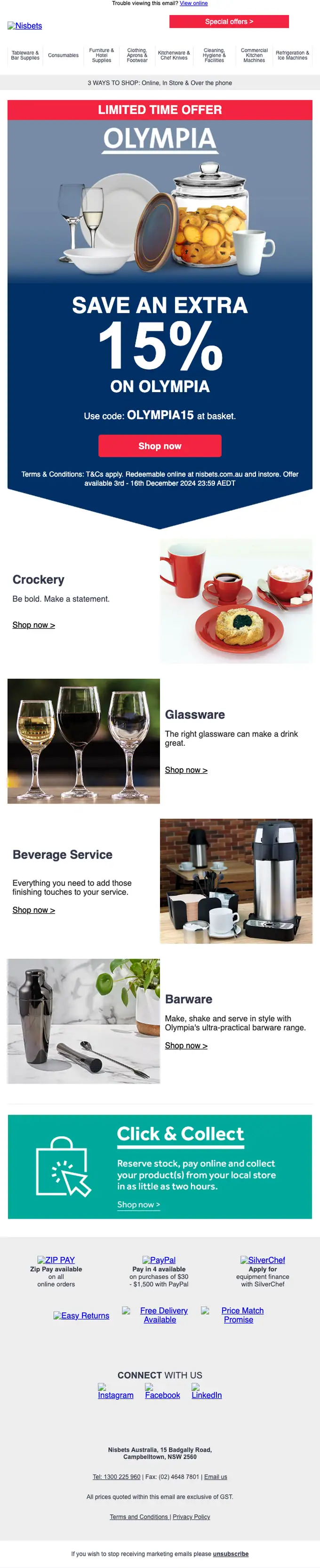 Nisbets discount offer email, full length