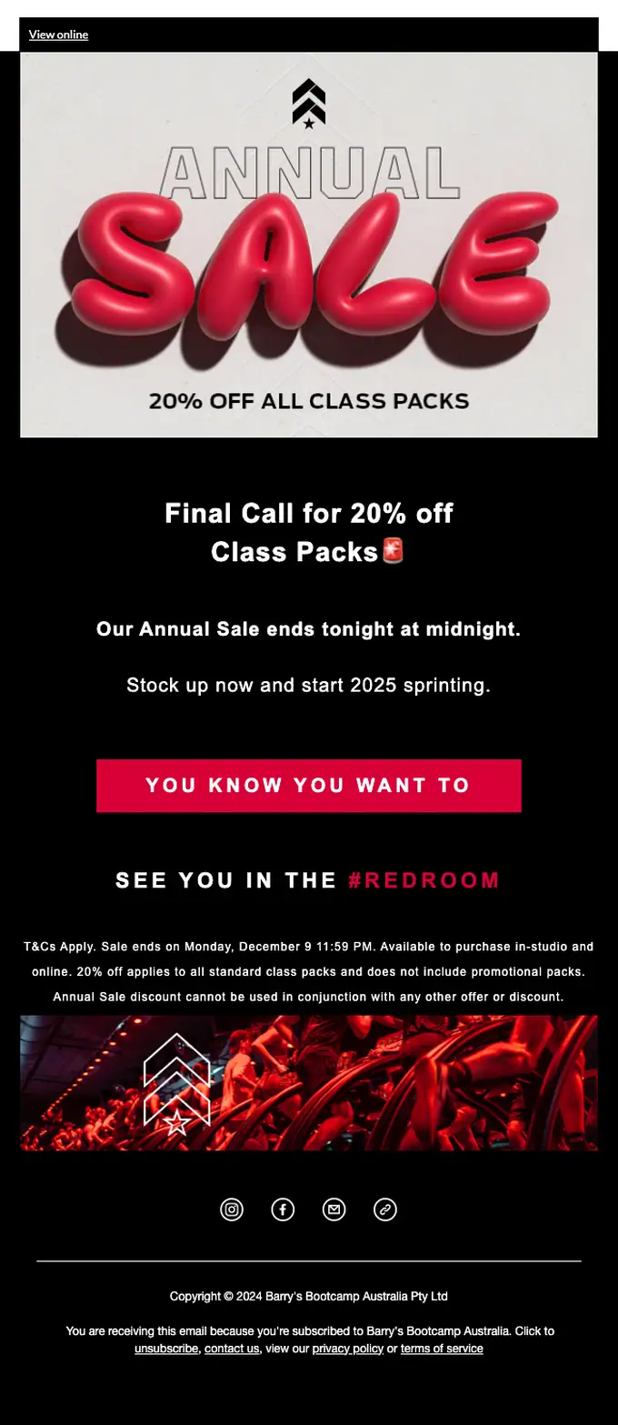 Barry's Bootcamp sale email, full length