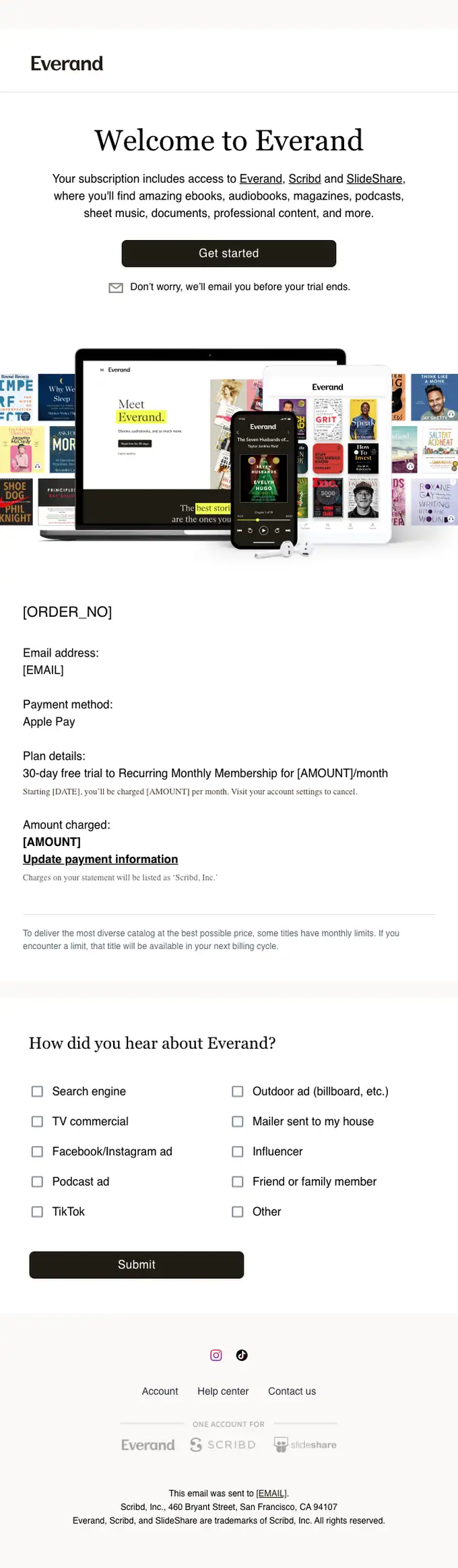 Everand welcome email, full length