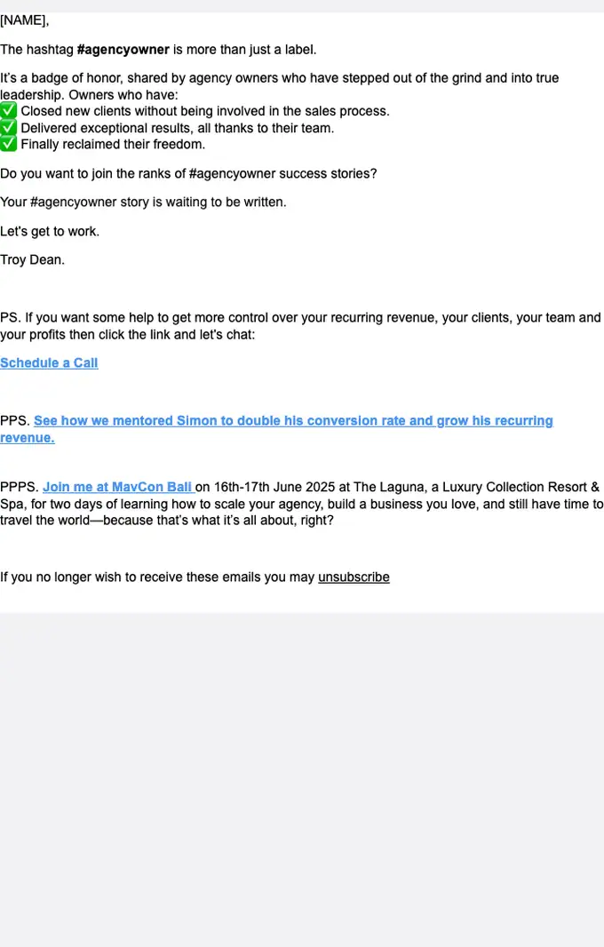 Agency Mavericks promotional email, full length