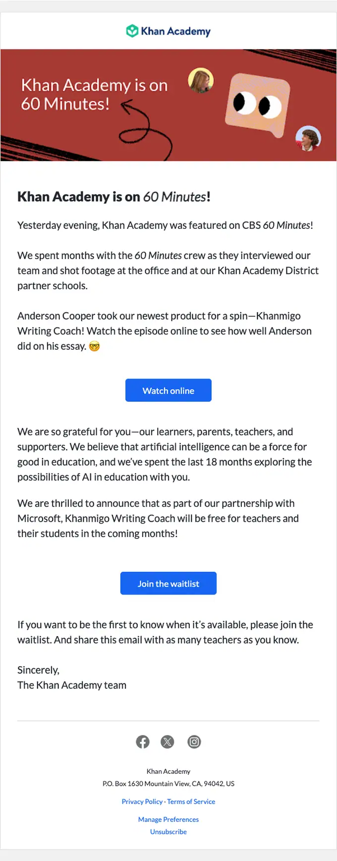 Khan Academy promotional email, full length