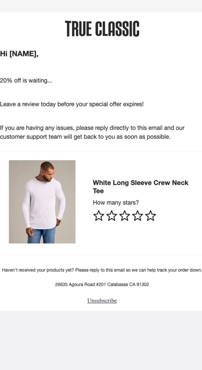 True Classic survey email, full length