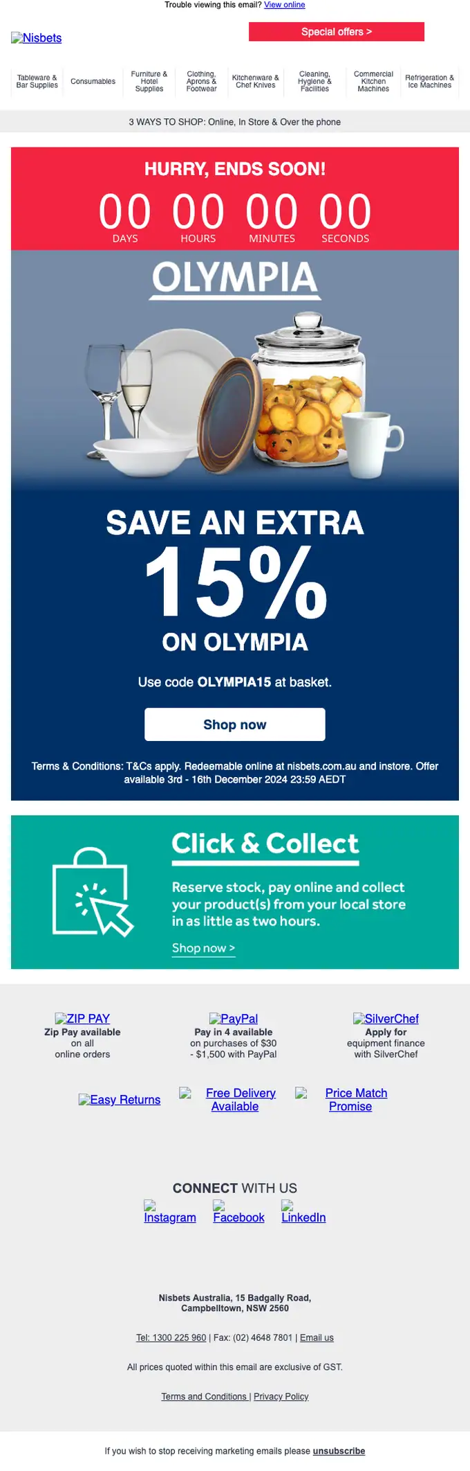 Nisbets discount offer email, full length