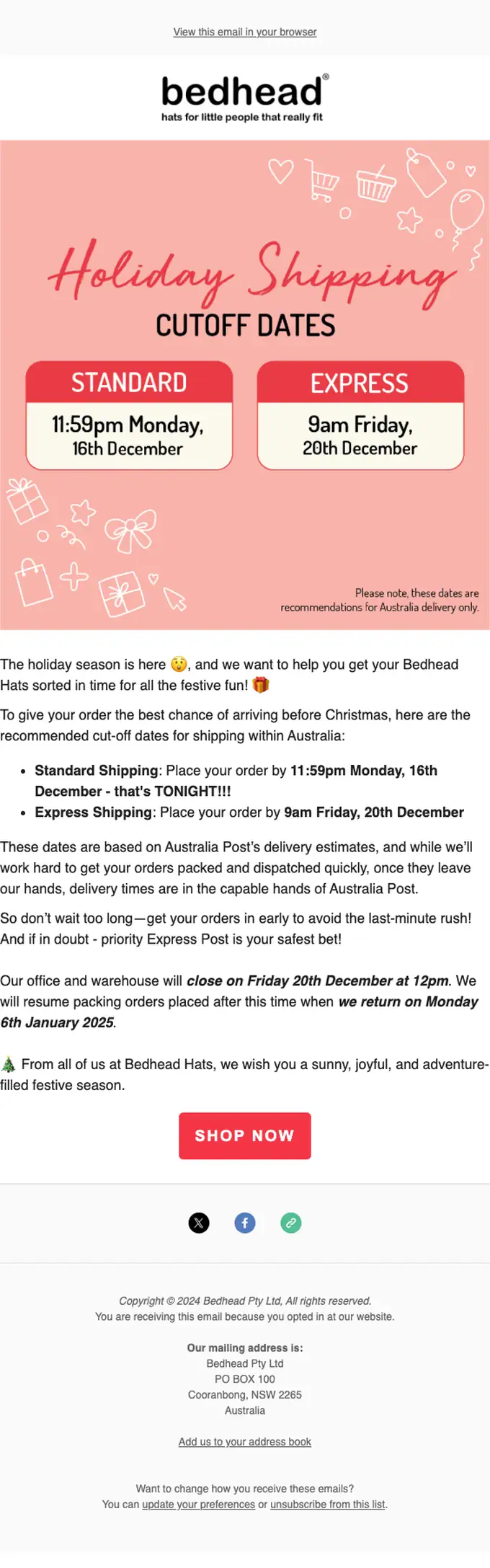Bedhead Hats seasonal email, full length