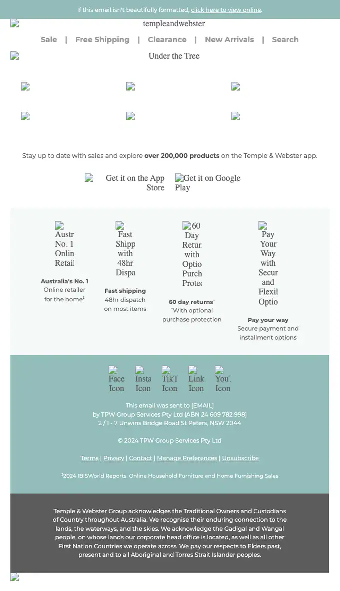Temple & Webster promotional email, full length