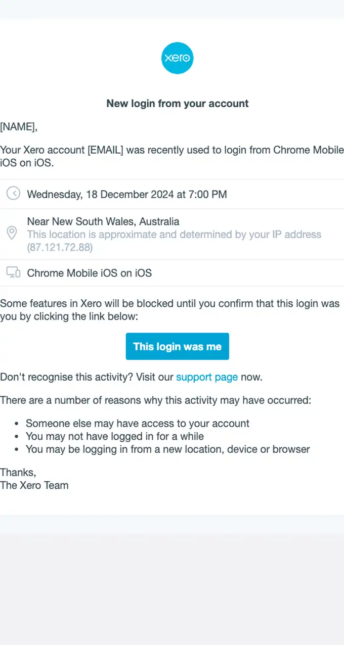Xero security alert email, full length