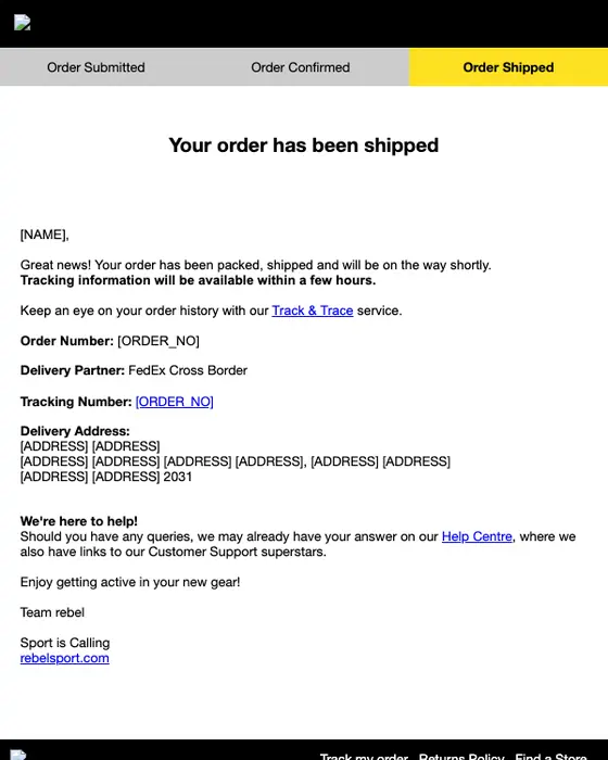 Rebel Sport shipping email