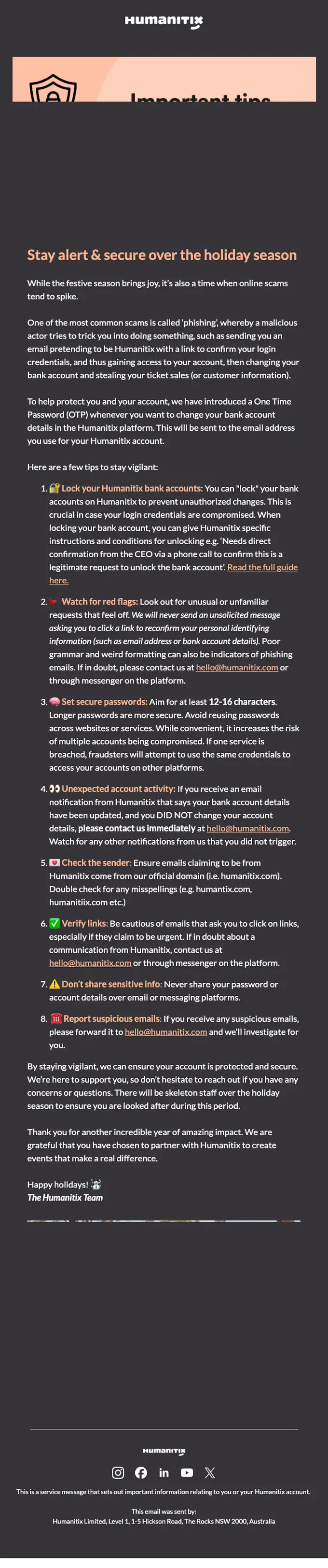 Humanitix security alert email, full length