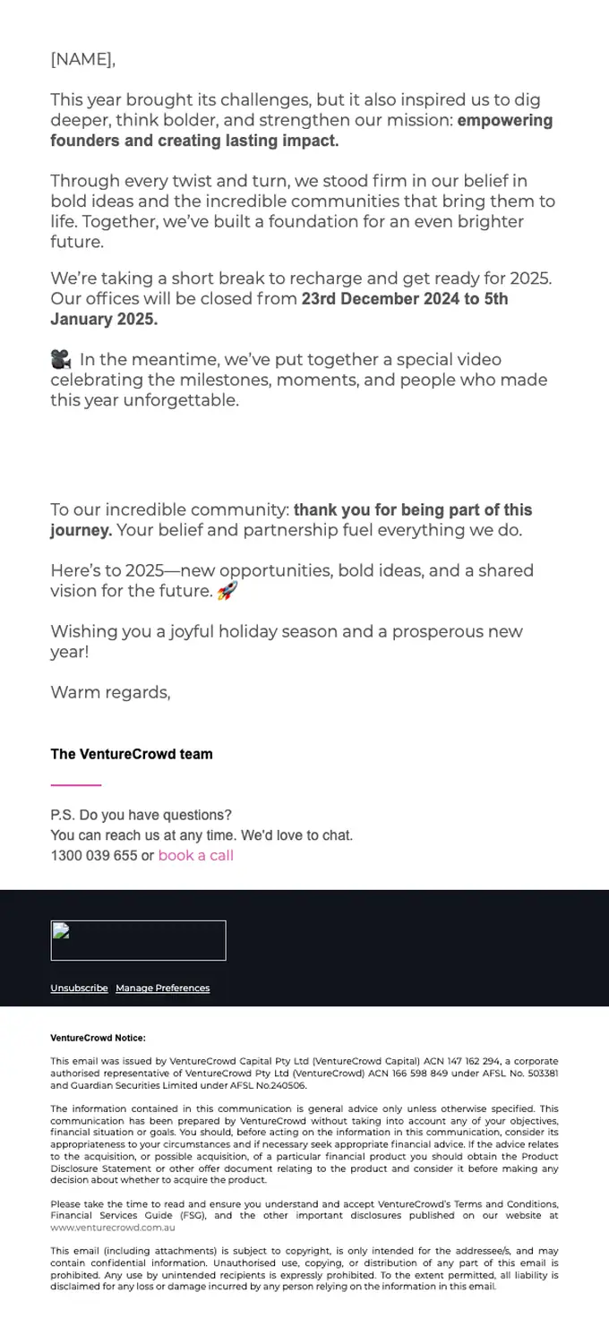 VentureCrowd newsletter email, full length