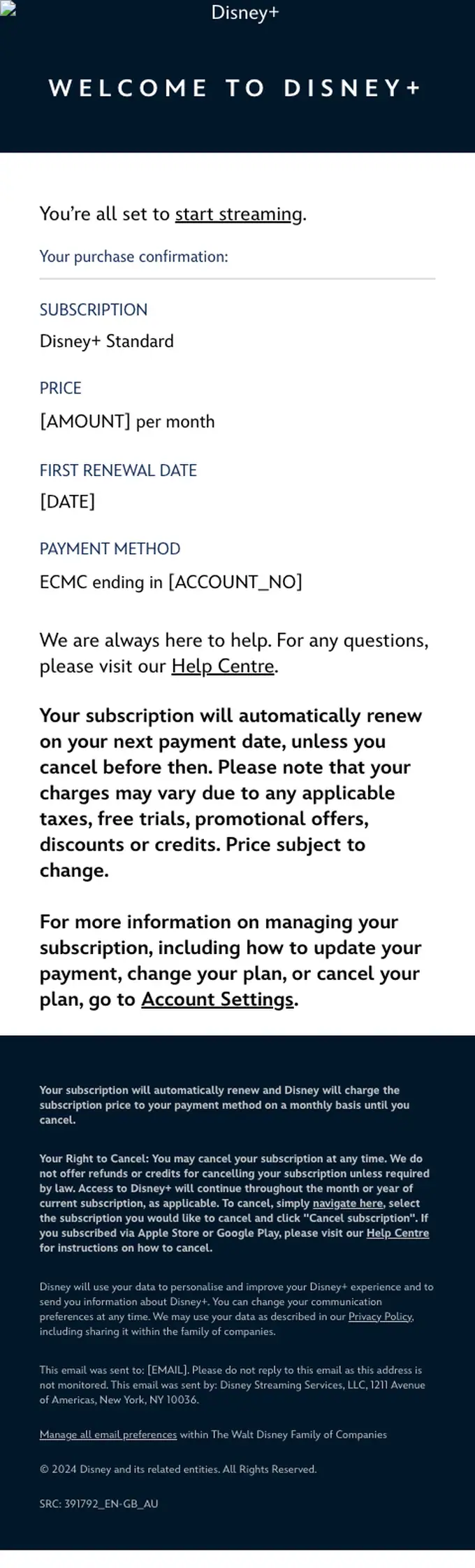 Disney+ subscription email, full length