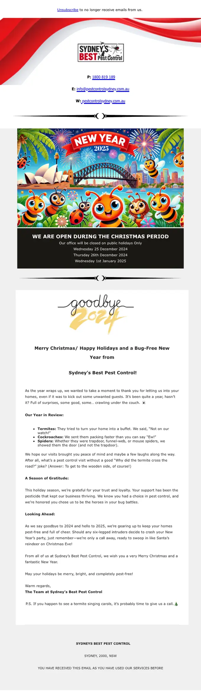 Sydney’s Best Pest Control seasonal email, full length