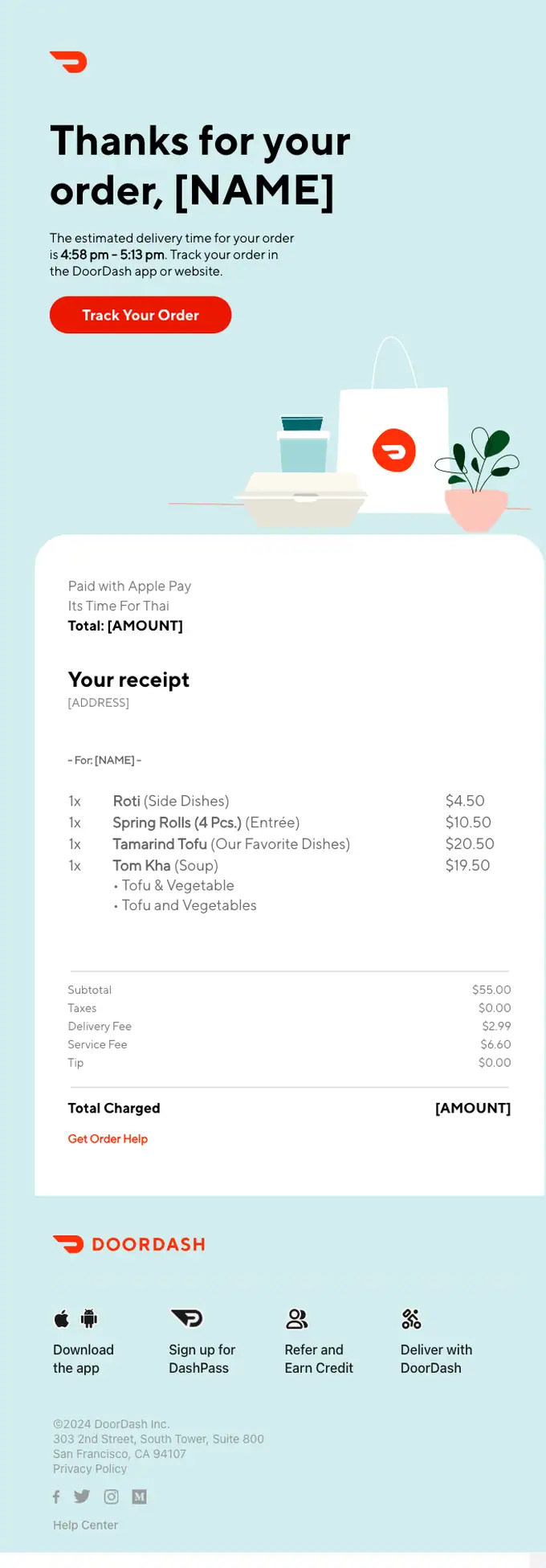DoorDash order confirmation email, full length