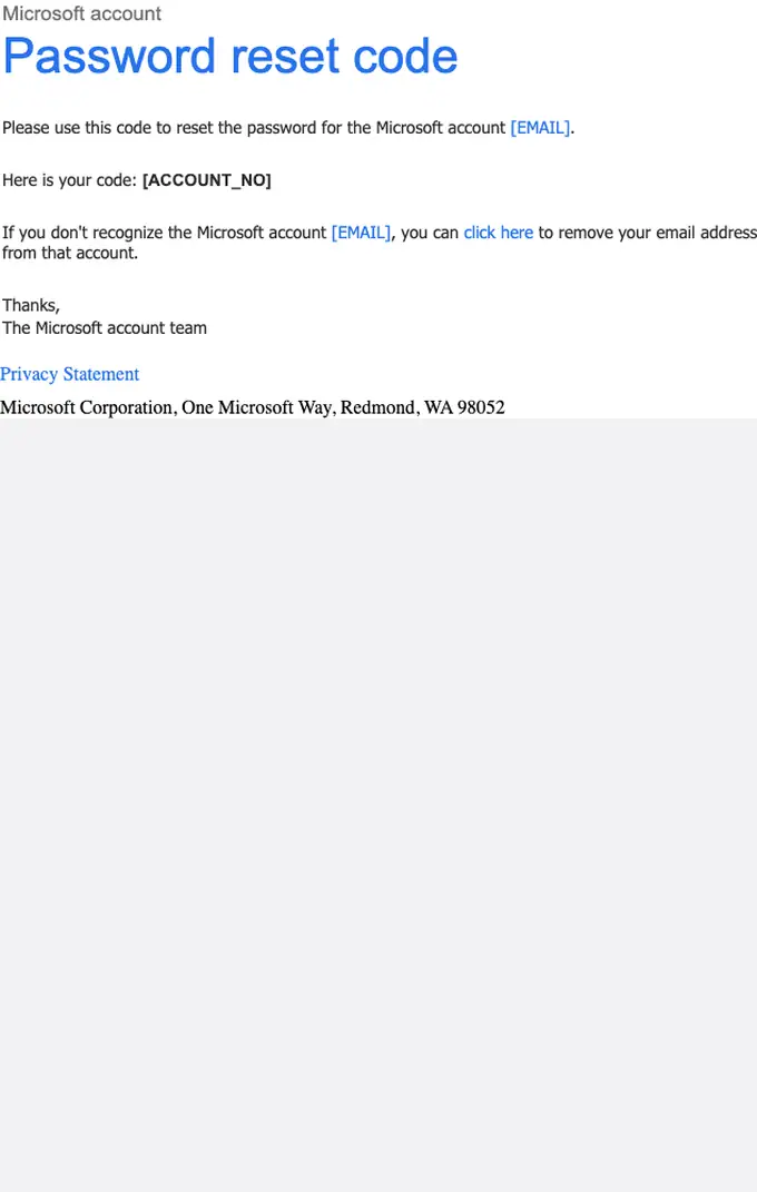 Microsoft account team password reset email, full length