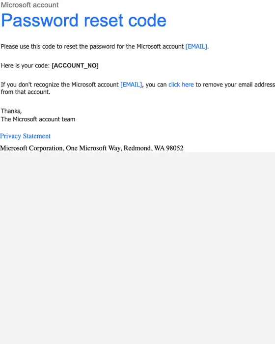 Microsoft account team password reset email