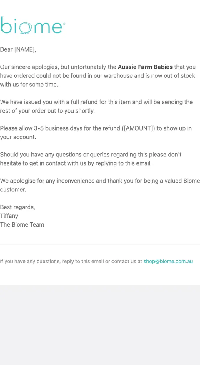 Biome refund email, full length