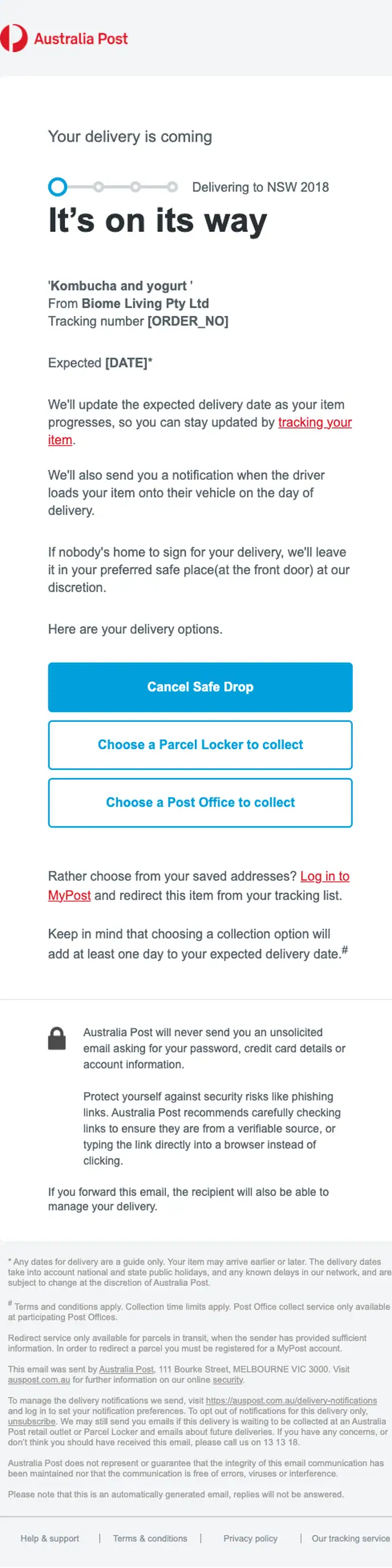 Australia Post delivery email, full length