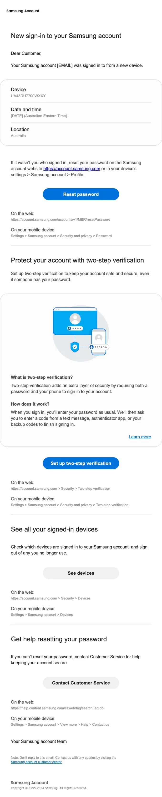 Samsung account security alert email, full length