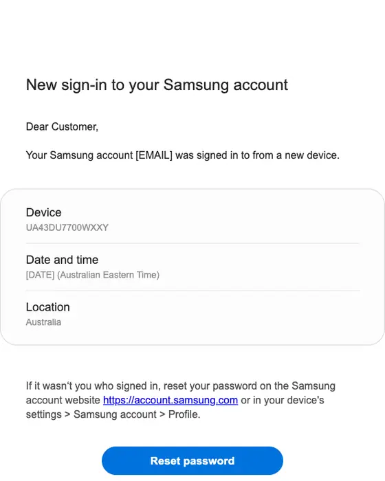 Samsung account security alert email