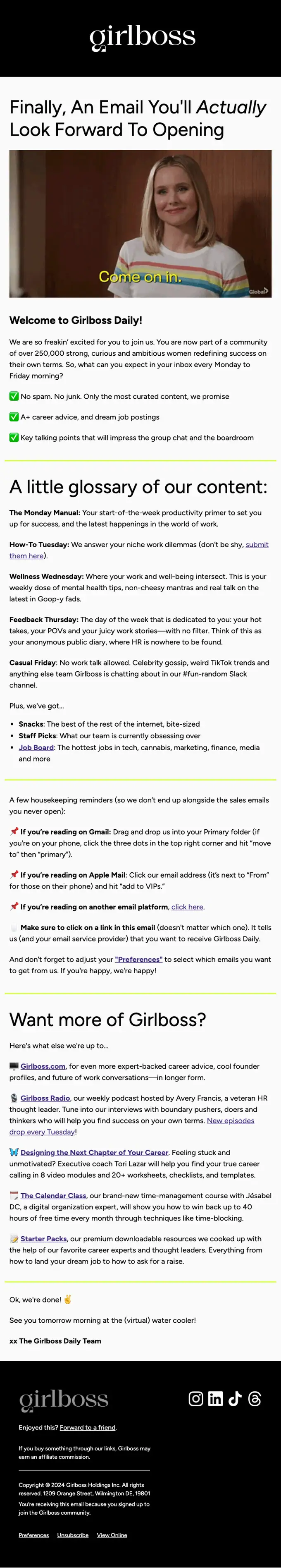 Girlboss Daily welcome email, full length