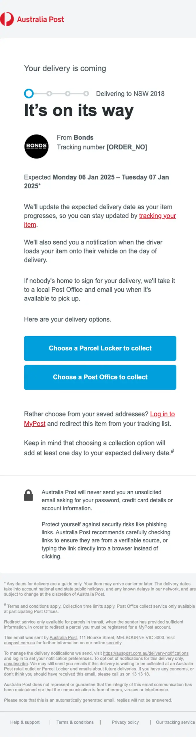 Australia Post delivery email, full length