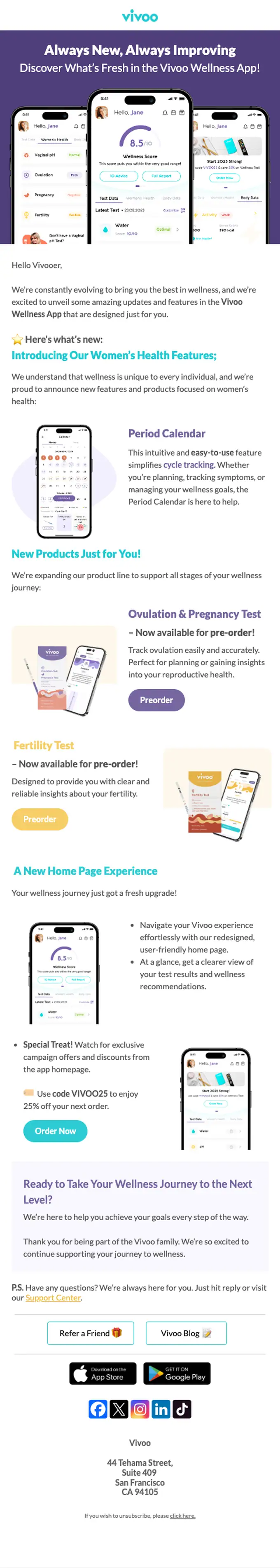 Vivoo newsletter email, full length