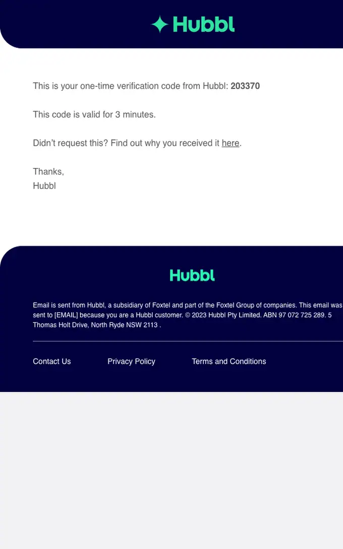 Hubbl otp email, full length