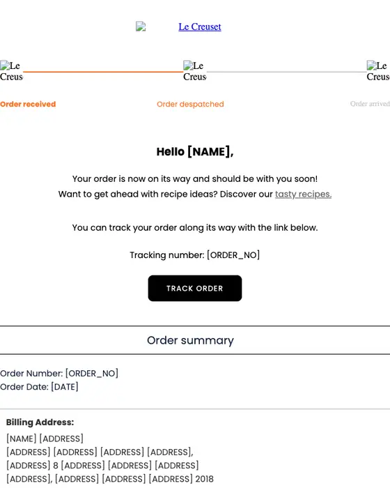 Le Creuset shipping email