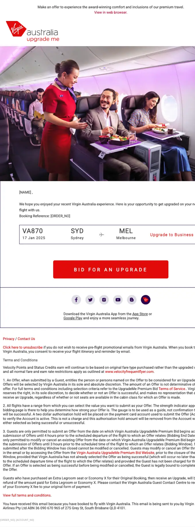 Virgin Australia UpgradeMe promotional email, full length