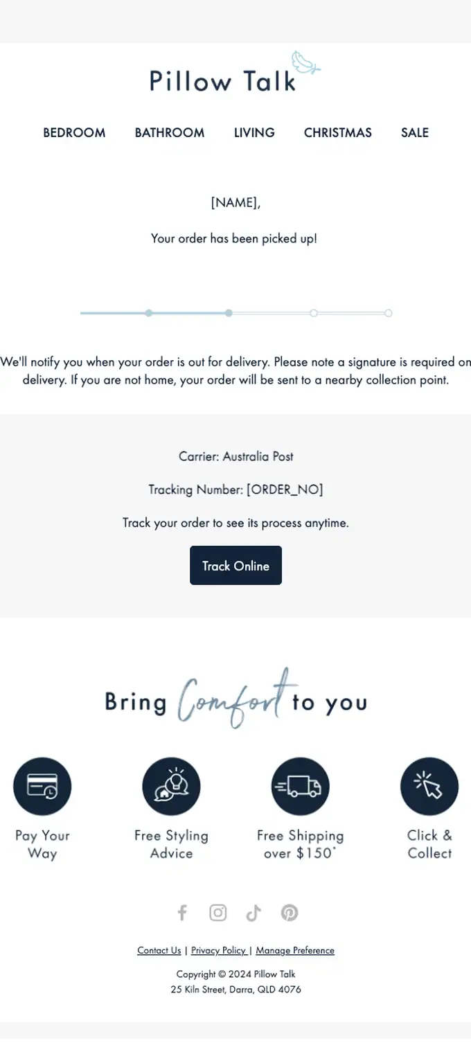 Pillow Talk shipping email, full length