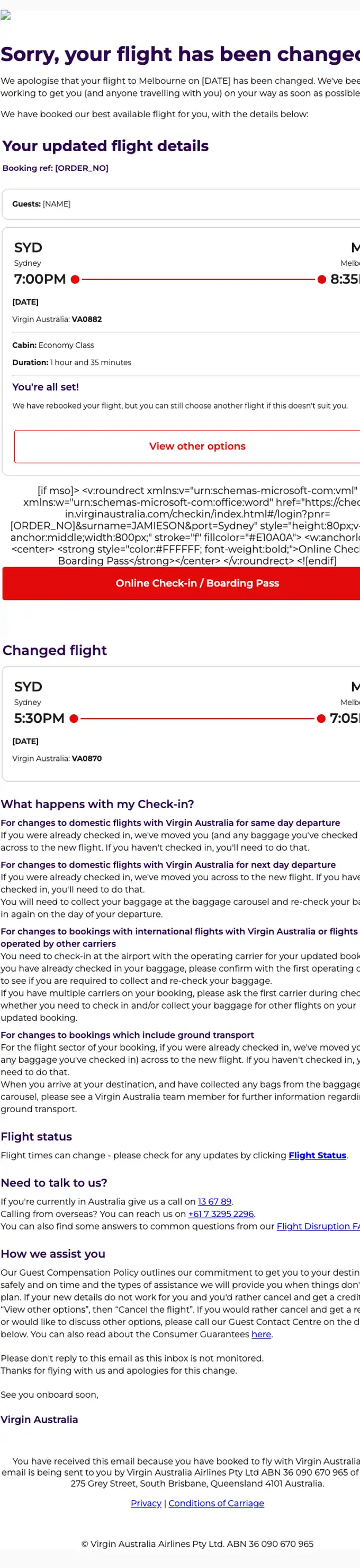 Virgin Australia account notice email, full length