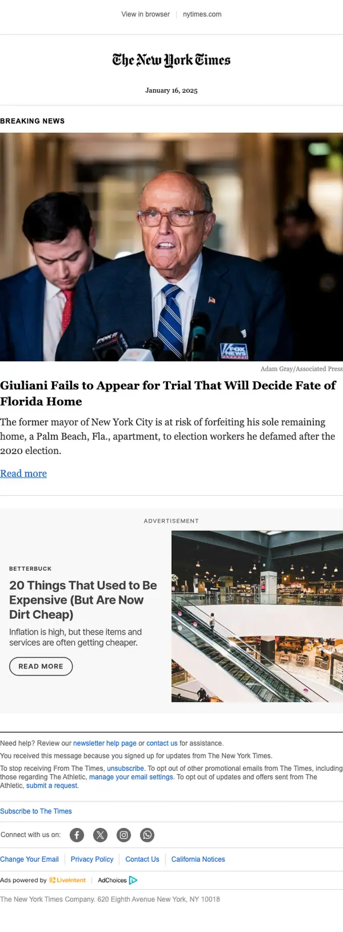 The New York Times newsletter email, full length