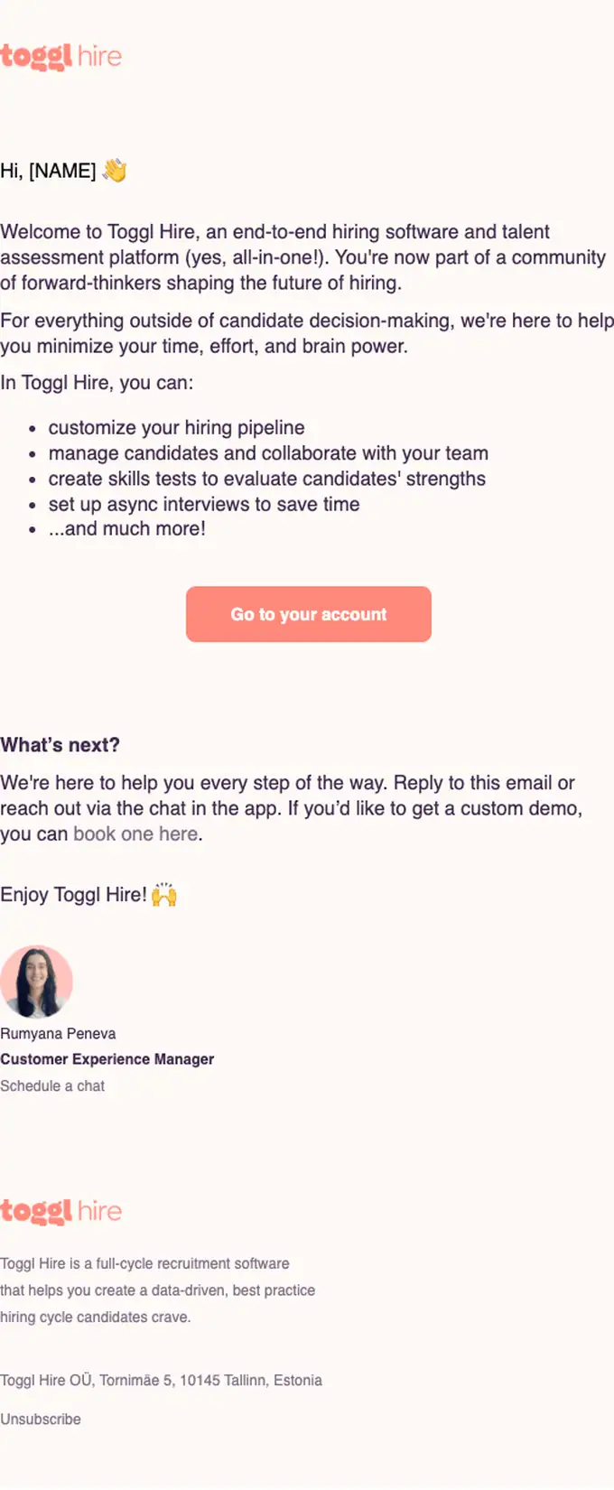 Toggl Hire welcome email, full length